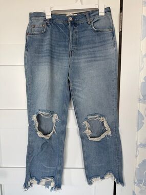 NEW WO TAG WE THE FREE Light Blue Distressed Jeans Fray Hem Crop Size 29